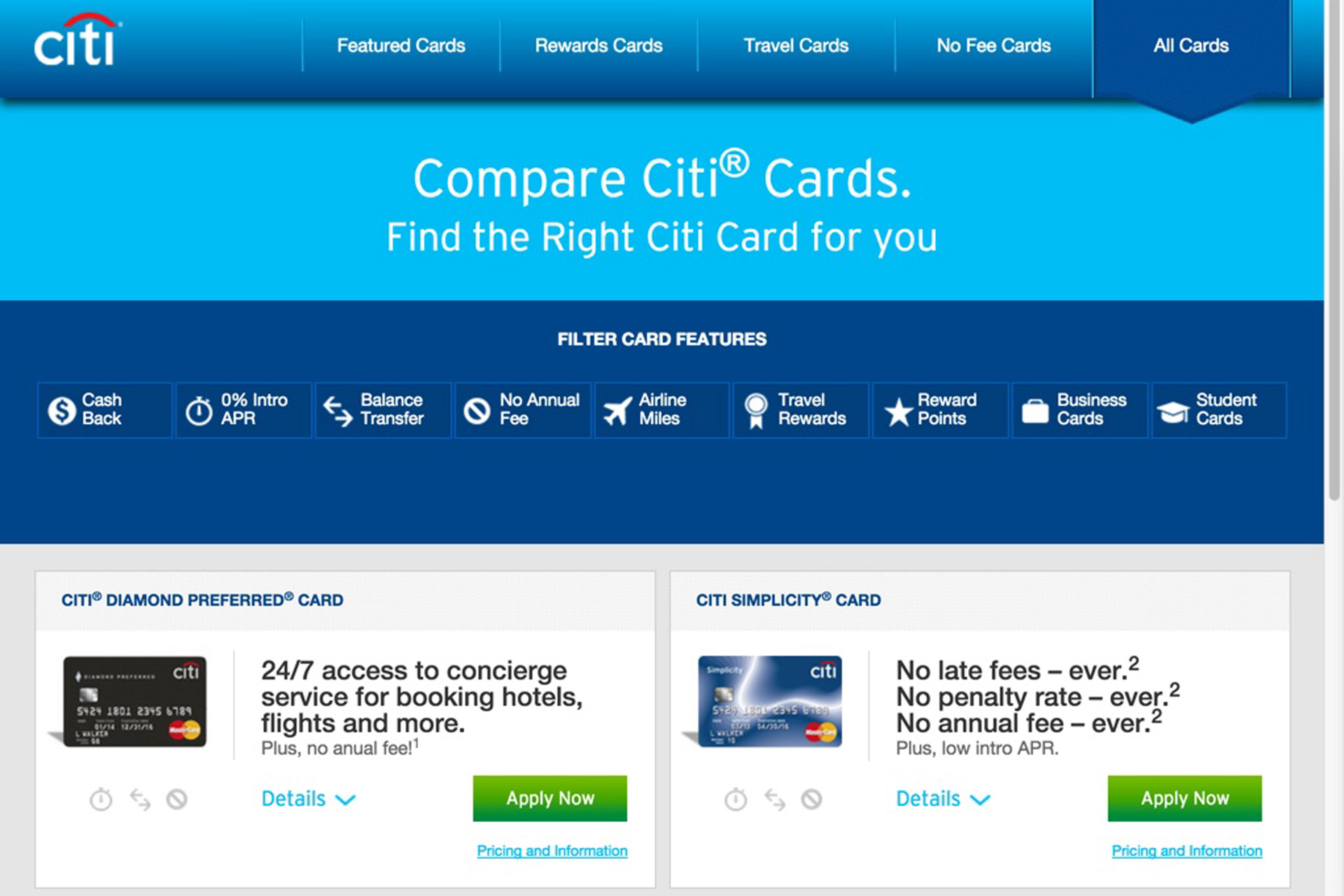 Citibank CitiCards promotional landing page