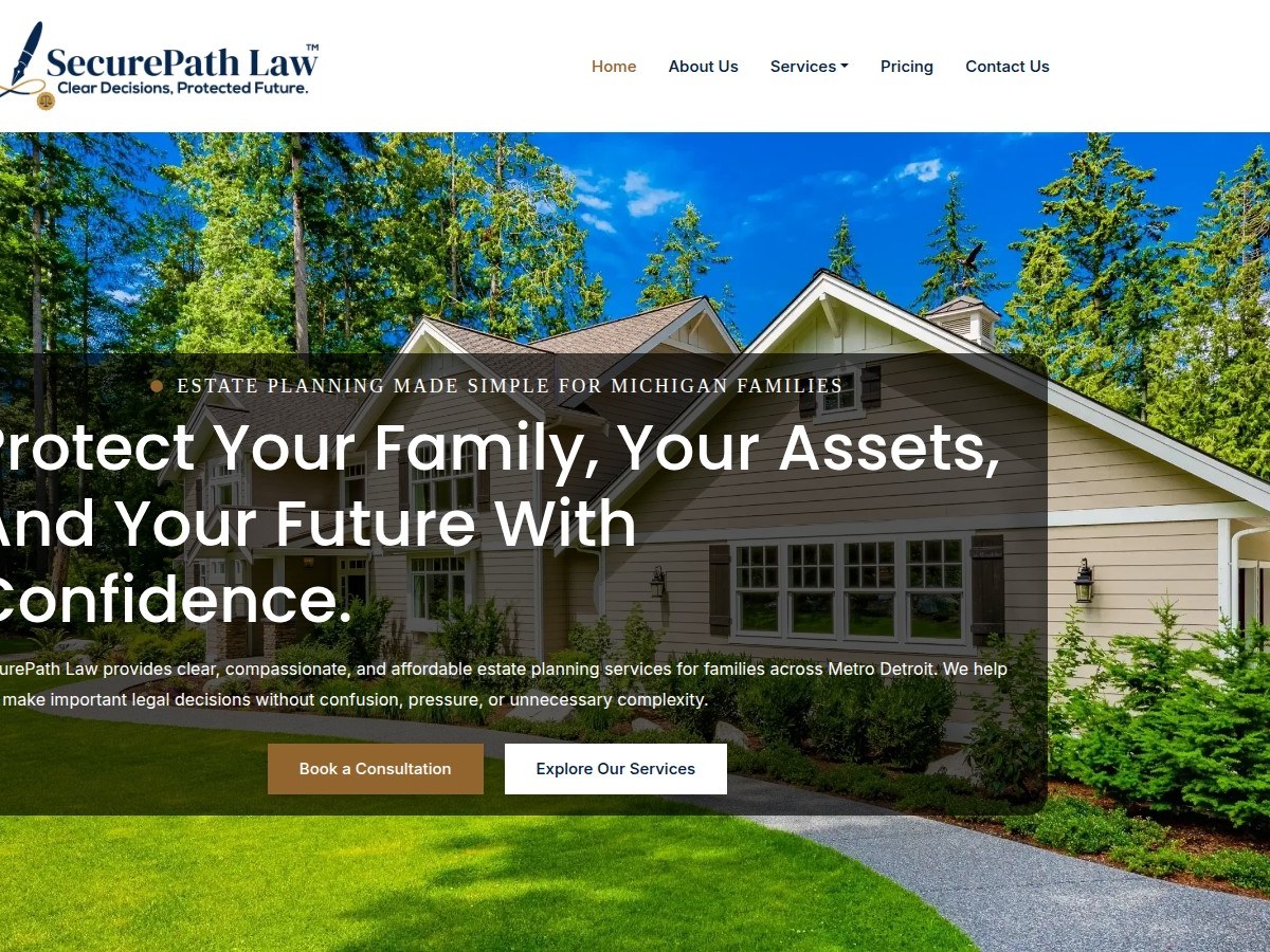 SecurePath Law estate planning website homepage showing wills and trust services for Michigan families