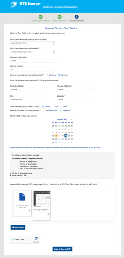 DTE Energy dynamic document submission portal interface
